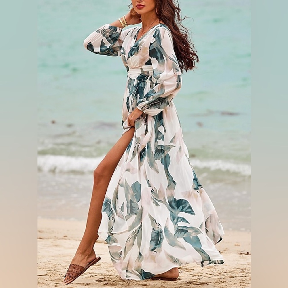 Elegant Leaf Print Maxi Dress